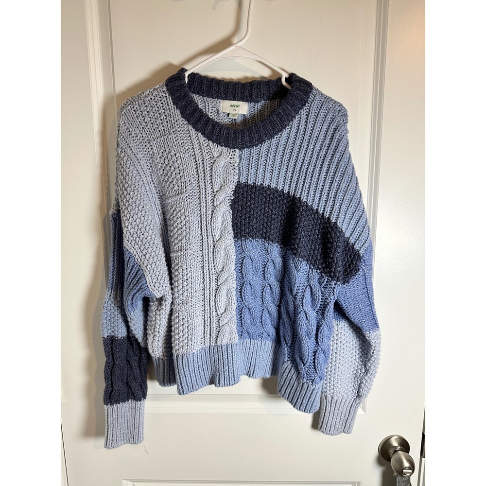 Aerie Colorblock Cable Knit Sweater Blue Grey Size L G Cozy Chunky Warm